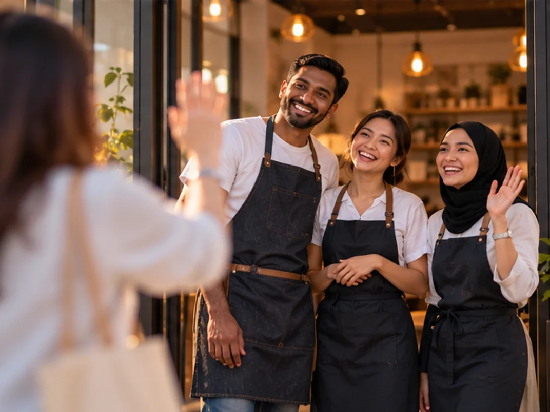 Warm scene: shop owner and staff smiling at the end of the day, customers happy, phones quiet.