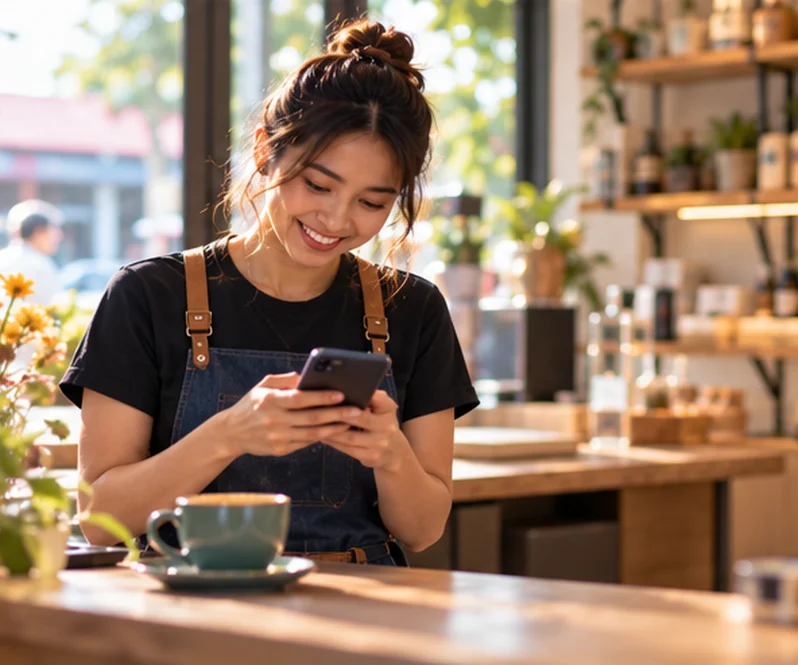 Staff member at a shop counter smiling at a tidy customer summary on her phone, coffee beside her.